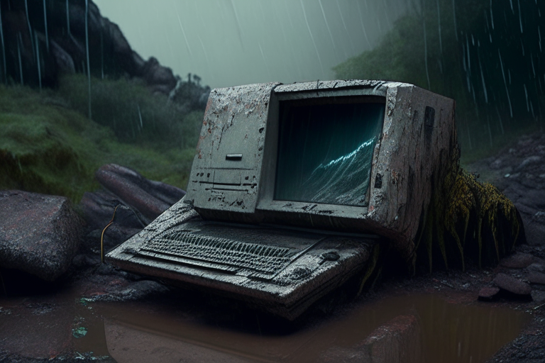 an old computer in a rocky terrain with heavy rain