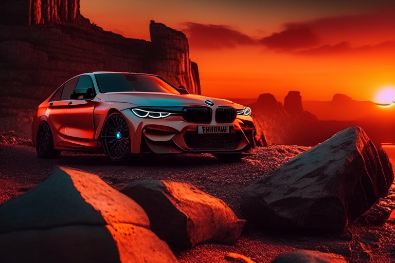 a BMW car on a rock with an orange sunrise