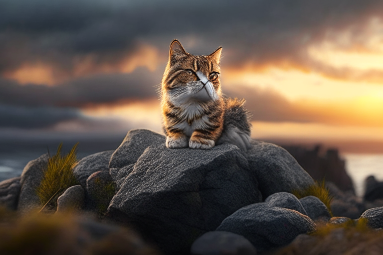 a funny cat on rocks during a cloudy sunrise