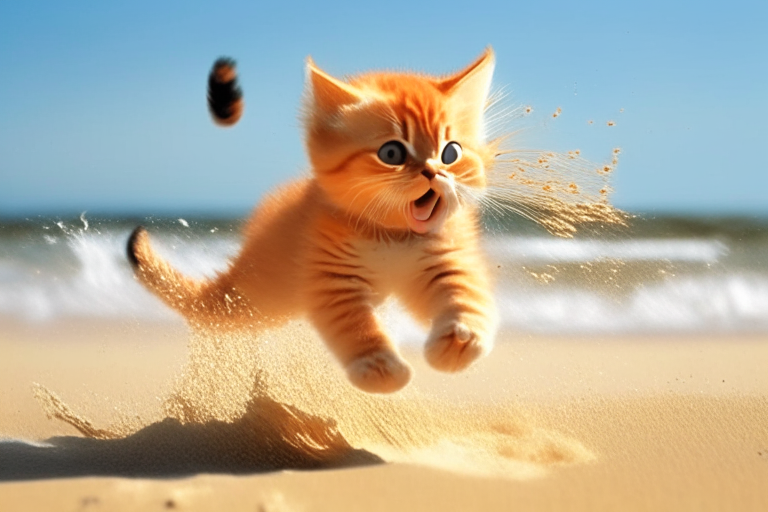 an orange kitten jumping on the beach