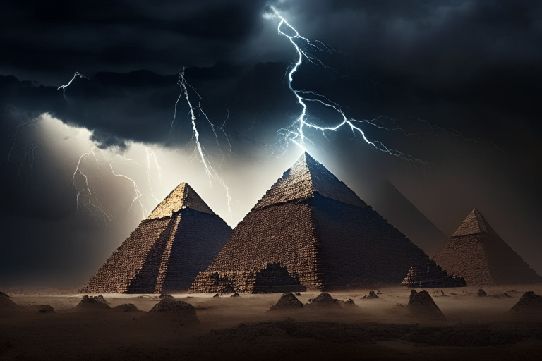 the pyramids of Egypt with dark clouds and lightning