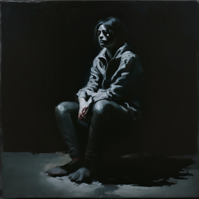 a painting of a person sitting on a black background