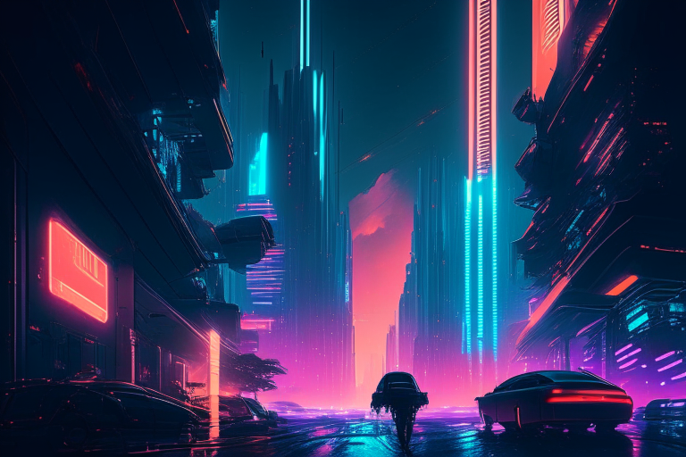 A bustling futuristic city street scene with towering skyscrapers and neon lights illuminating the night sky