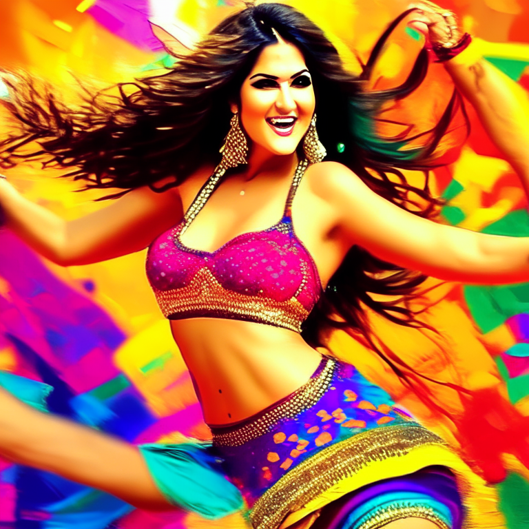 Sunny Leone dancing Bollywood style in a colorful outfit