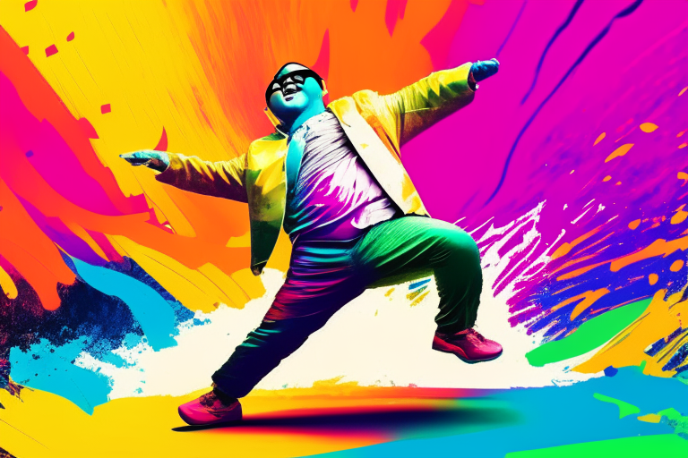 a person doing the Gangnam style dance in front of a colorful background
