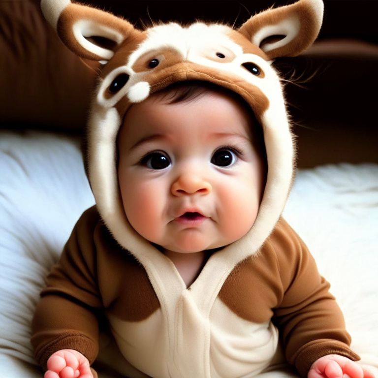 a cute baby with chubby cheeks and big brown eyes, wearing a onesie with animal ears