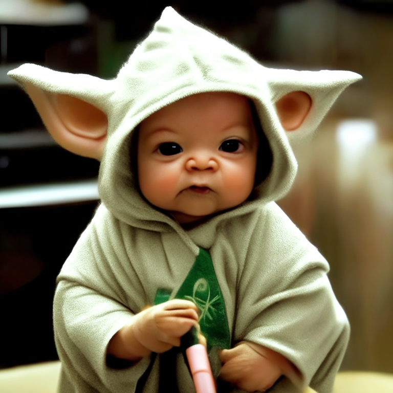 a baby wearing a Yoda costume, holding a lightsaber