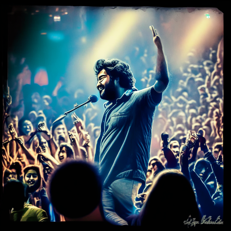 Arijit Singh singing on stage in a concert with a crowd cheering him on