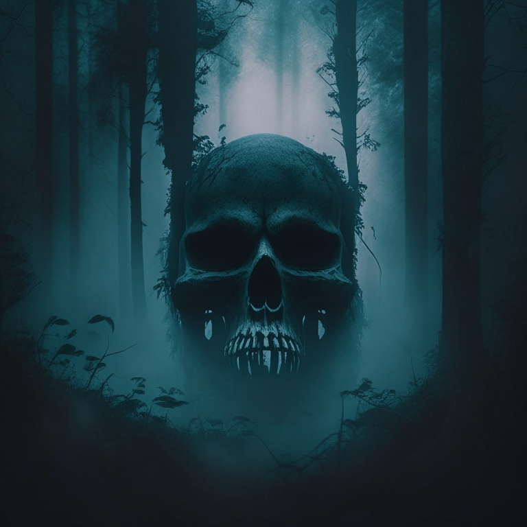 a dark skull with glowing eyes in a misty forest