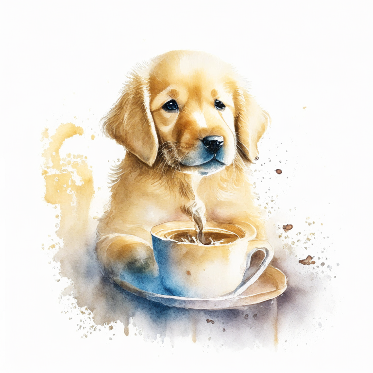 a Golden Retriever puppy drinking a latte with heart-shaped art, painted in watercolor style