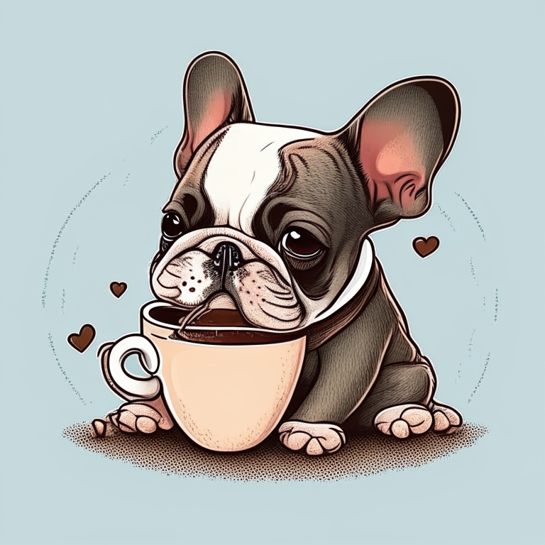 a French Bulldog puppy drinking a latte with heart-shaped art, drawn in a cartoon style