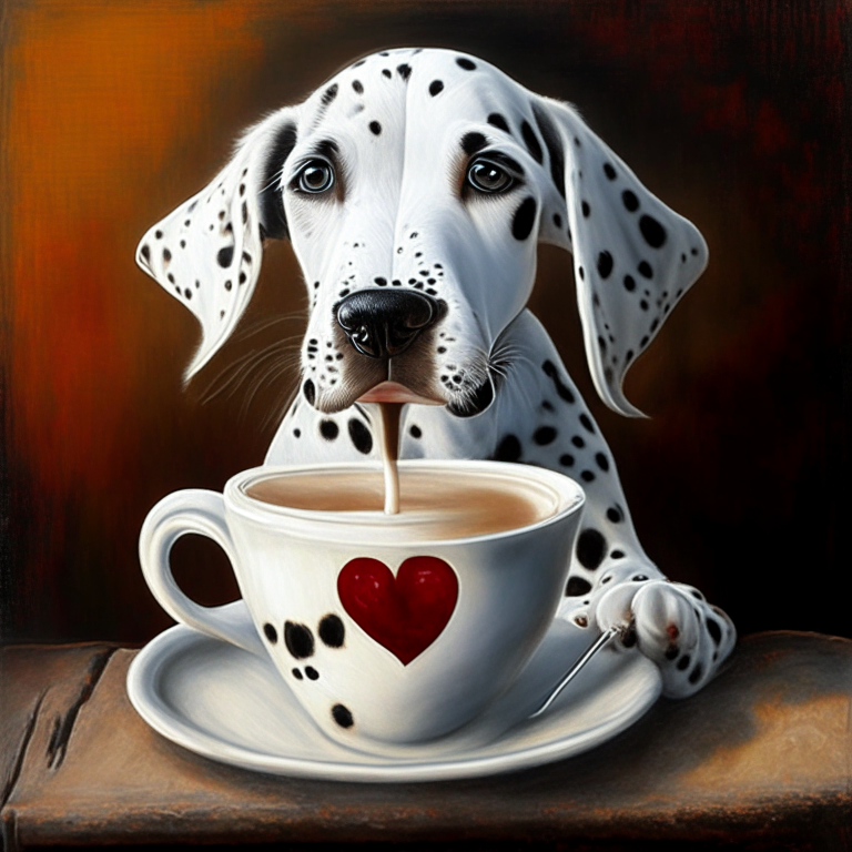 a Dalmatian puppy drinking a latte with heart-shaped art, painted in oil style