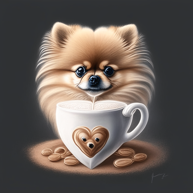 a Pomeranian puppy drinking a latte with heart-shaped art, drawn in a realistic style