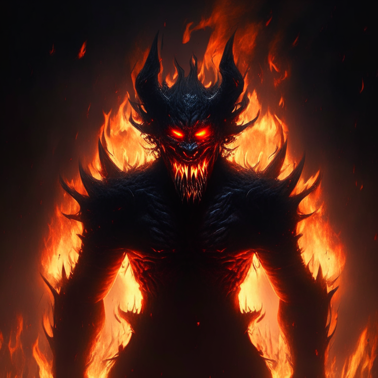 a dark demon with glowing eyes and sharp teeth, standing in front of a raging inferno