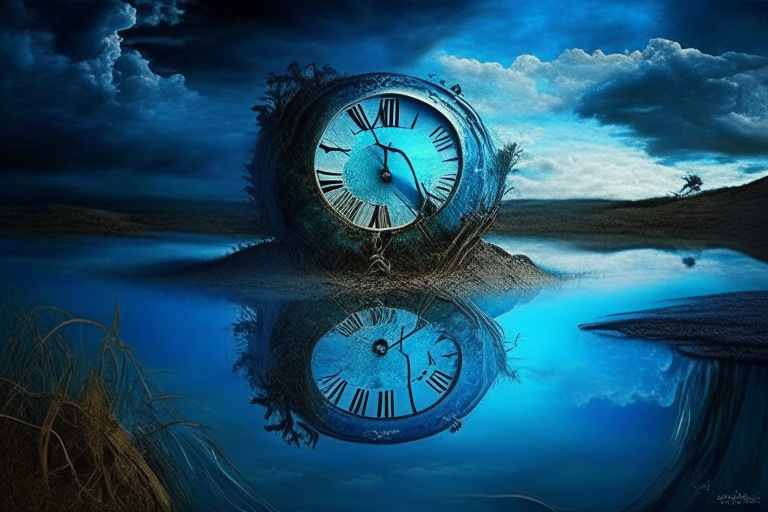 las raices de un pantano abrazan a un reloj con esfera azul en un cielo apocaliptico