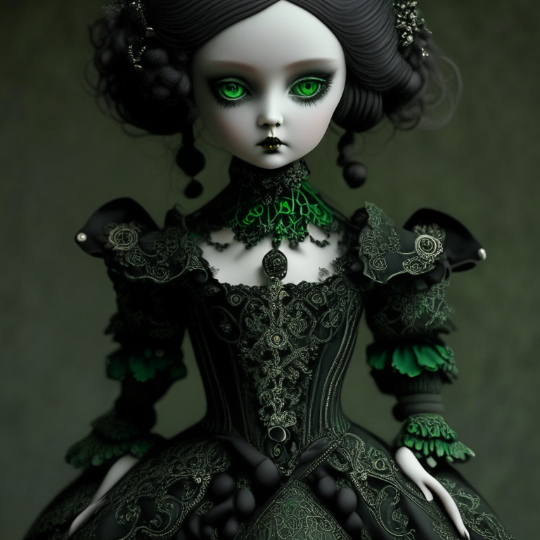 a porcelain doll with intricate details, wearing a black and green dress and accessories, glowing neon green with a powerful aura around her