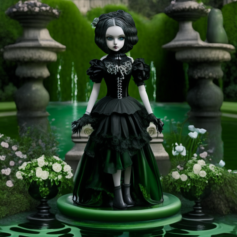 a porcelain doll with a black and green dress and accessories, standing in a garden with a fountain in the background