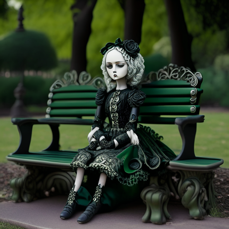 a porcelain doll with intricate details, wearing a black and green dress and accessories, sitting on a bench in a park