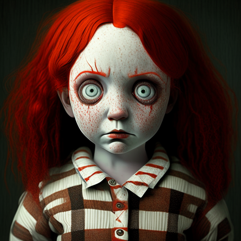 a creepy doll with red hair, freckles, and a striped shirt, glowing intensely neon red