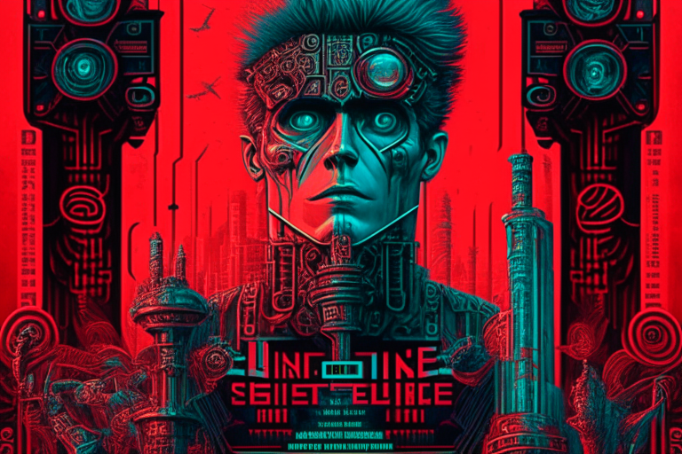 a surreal cyberpunk version of the Twilight Zone poster by Paul Wesley, with mechanized precision, light red and turquoise, intricate steampunk, detailed portraiture, columns and totems, and realistic detail