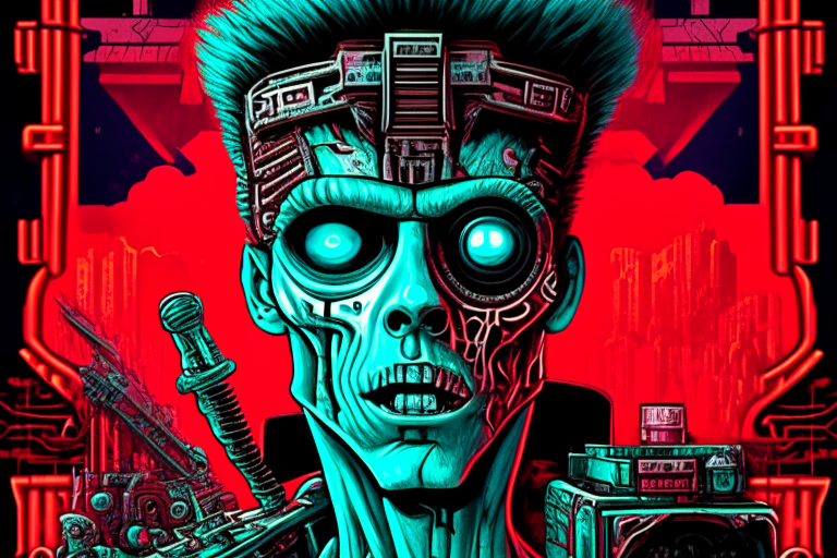 a surreal cyberpunk version of the Twilight Zone poster by Paul Wesley, with mechanized precision, light red and turquoise, intricate steampunk, detailed portraiture, columns and totems, and realistic detail, featuring a zombie with a camera in the foreground