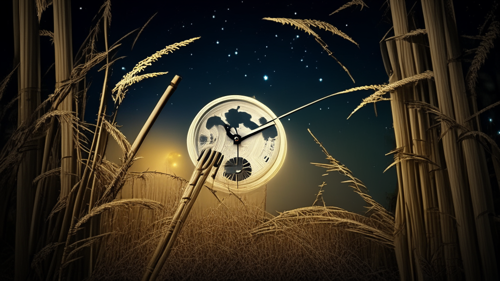 a beautiful pocket watch among bamboo canes in a starry sky with the moon and the sun