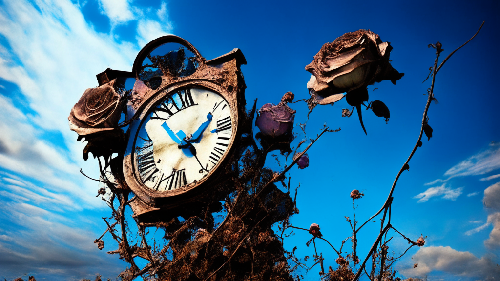 an old, broken and rusty clock among roses with an atomic blue sky