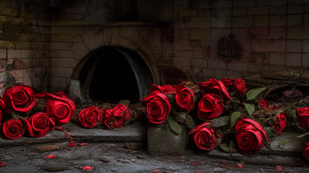 red roses in the oven of an abandoned blacksmith shop