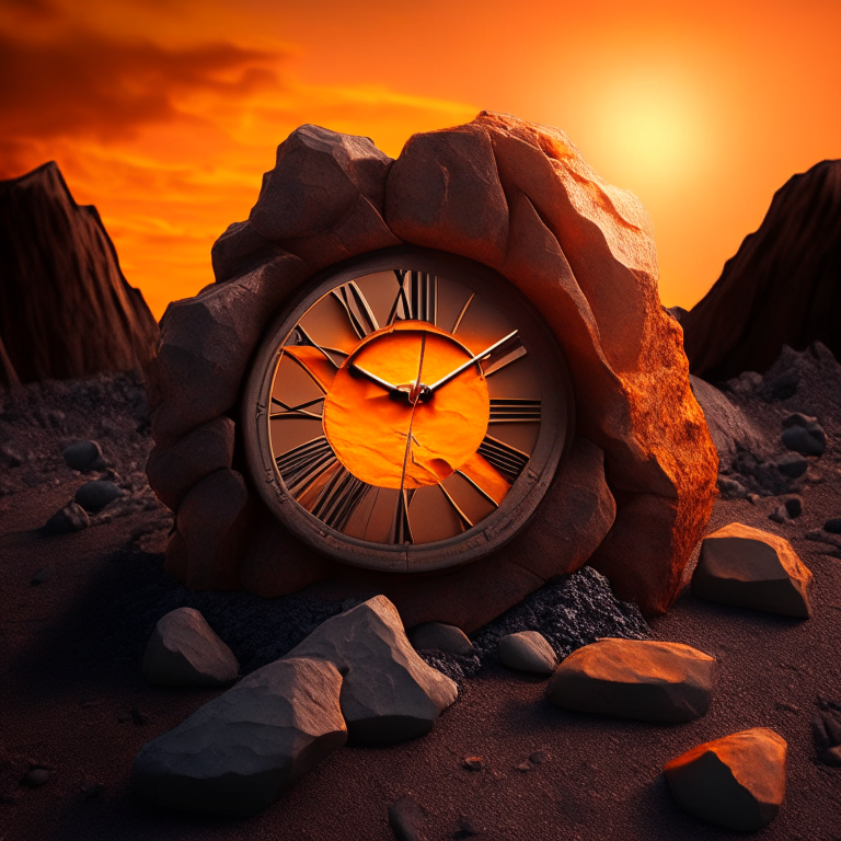 photorealistic mutant clock among volcanic rocks with an orange sun
