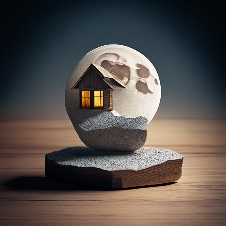 wooden house on a quartz stone with the moon