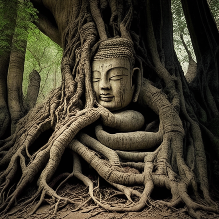 tree roots wrapping around a stone Buddha