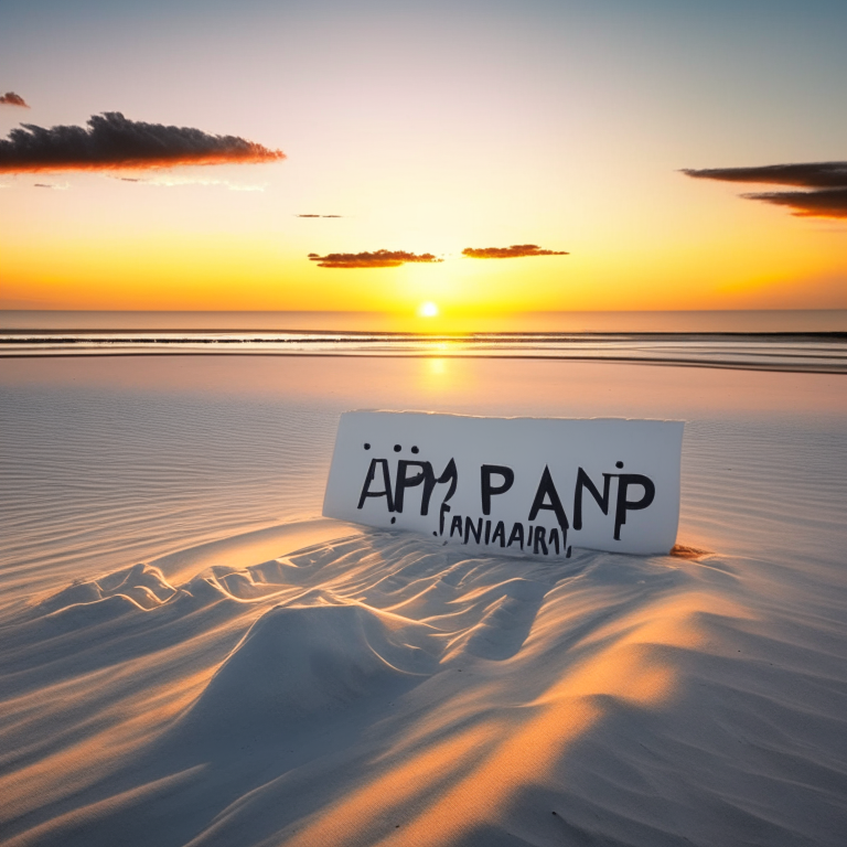 a sign that says Apataments Gran VP, on a white sand beach at sunrise
