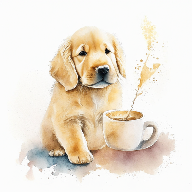 a Golden Retriever puppy drinking a latte with a heart-shaped art in a watercolor style