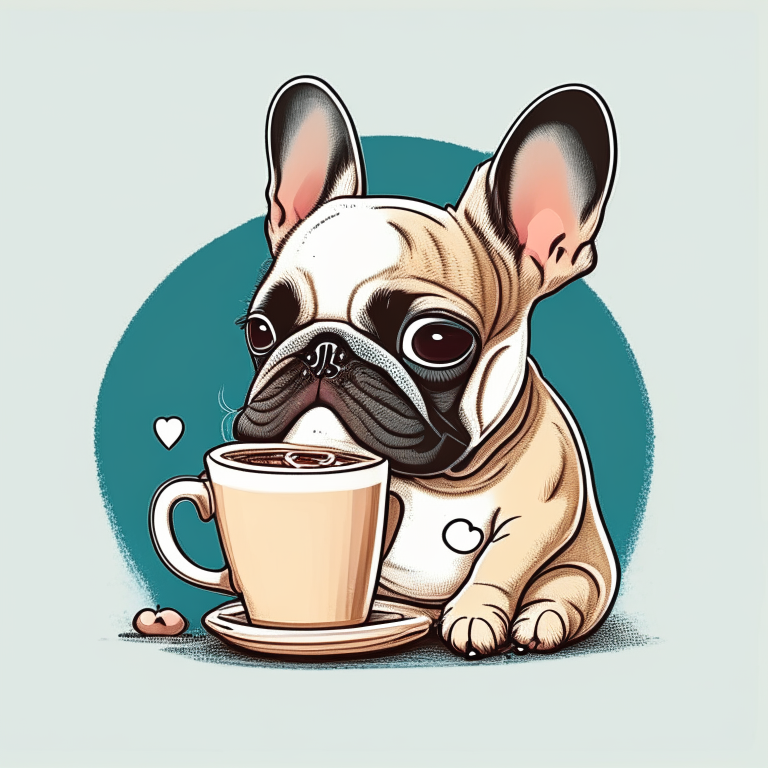 a French Bulldog puppy drinking a latte with a heart-shaped art in a cartoon style