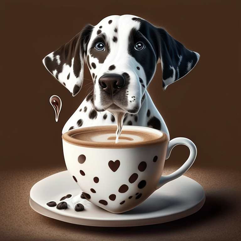 a Dalmatian puppy drinking a latte with a heart-shaped art in a realistic style