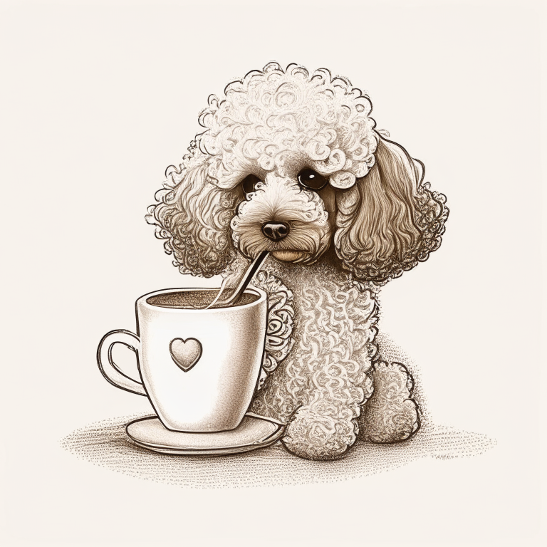 a Poodle puppy drinking a latte with a heart-shaped art in a sketch style