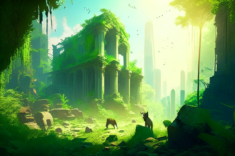 a lush green forest growing around the ruins of a city, with animals roaming free and the sun shining bright in the sky