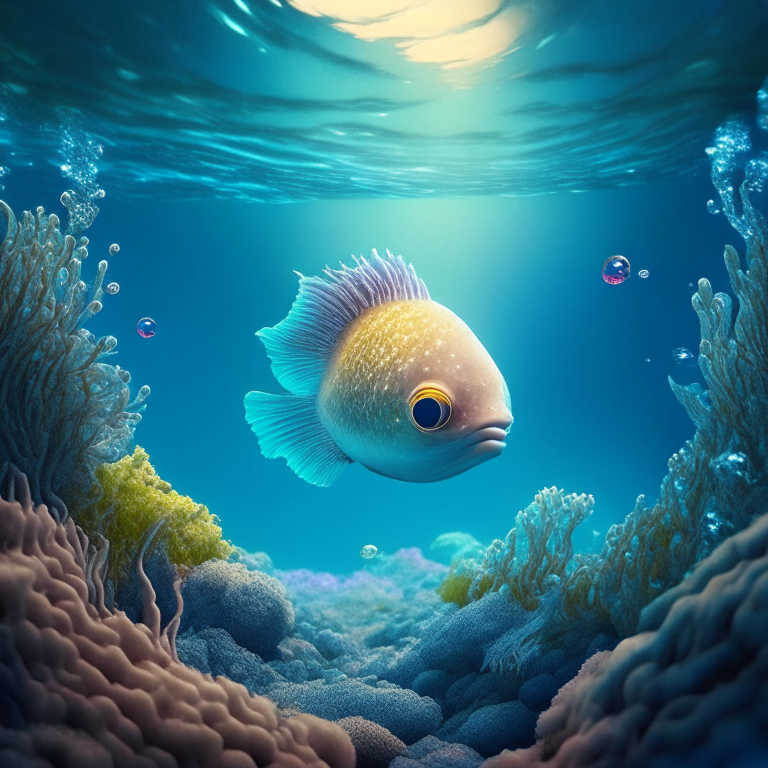 photo of an extremely cute alien fish swimming an alien habitable underwater planet, coral reefs, dream-like atmosphere, water, plants, peaceful, serenity, calm ocean, transparent water, reefs, fish, coral, inner peace, awareness, silence, nature, evolution