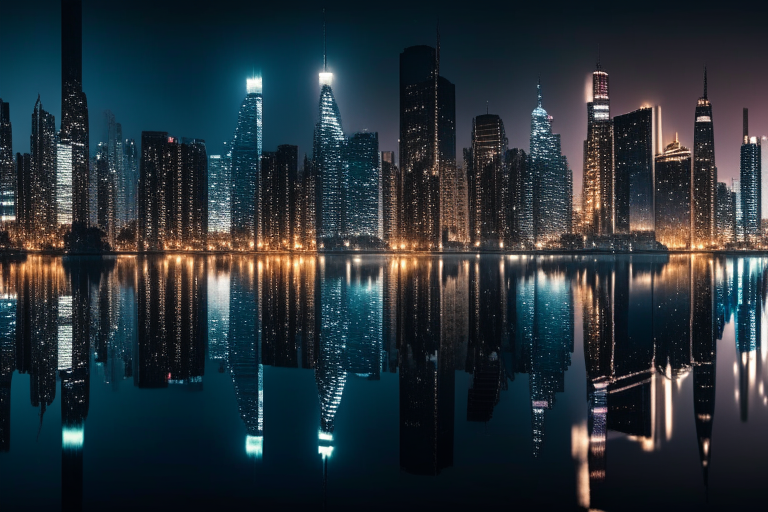 a panoramic view of a city skyline at night, with the lights of skyscrapers and buildings reflecting on the water below