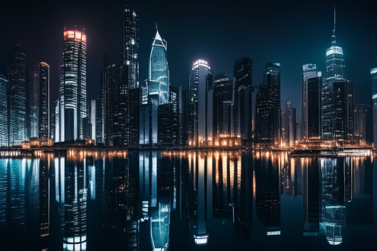 a close-up view of a city skyline at night, with the lights of skyscrapers and buildings reflecting on the water below