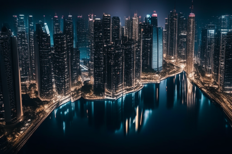 a view of a city skyline at night, with the lights of skyscrapers and buildings reflecting on the water below, taken from a high vantage point