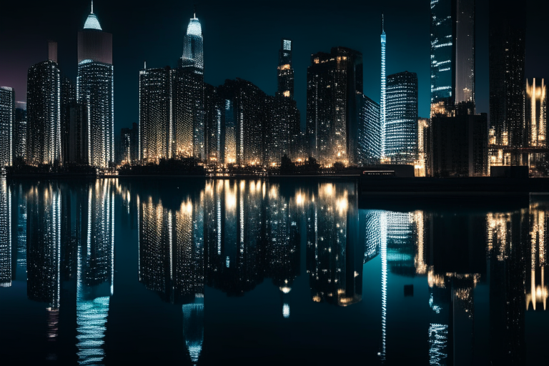 a view of a city skyline at night, with the lights of skyscrapers and buildings reflecting on the water below, taken from a low vantage point