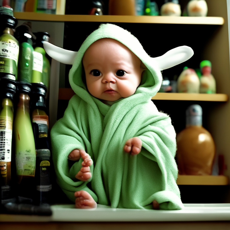 a baby wearing a Yoda costume, holding a lightsaber, with a shelf full of bottles behind them