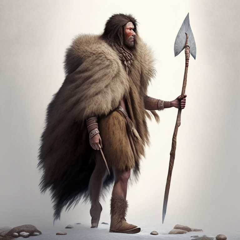 a realistic depiction of a human from 50,000 years ago, with a spear in hand and a fur cloak on their back