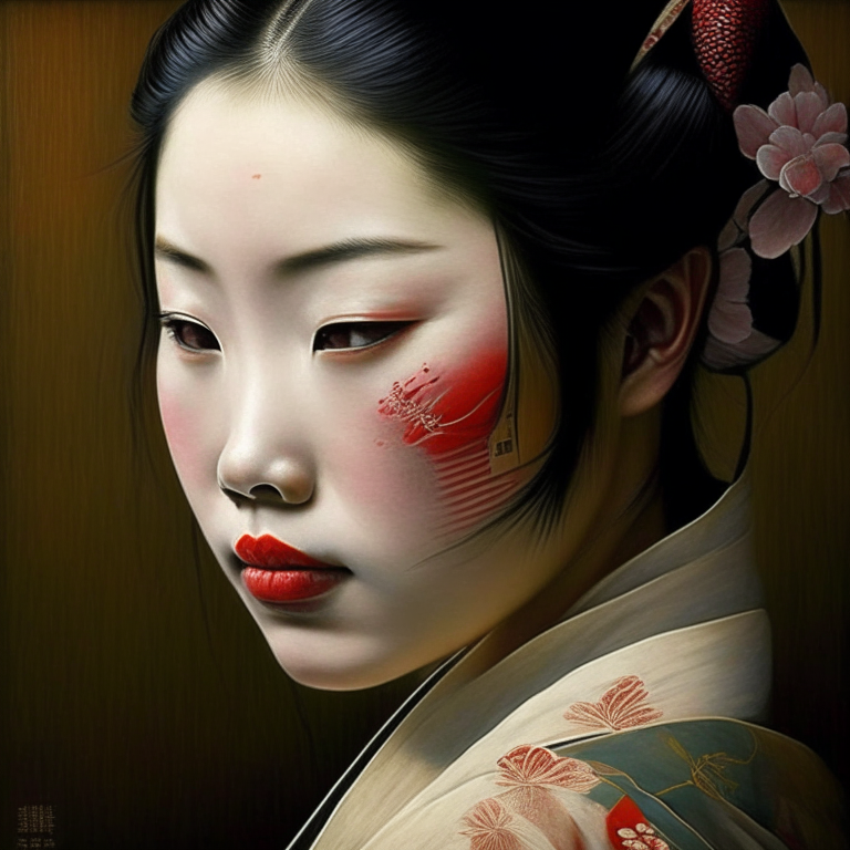 a beautiful Japanese woman with her cheek painted in traditional art