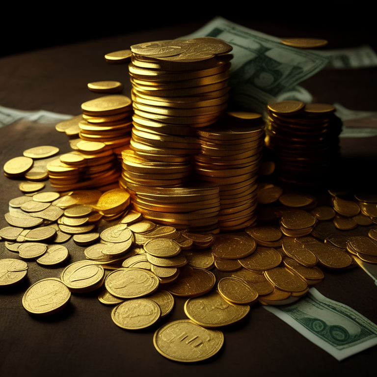 a pile of gold coins and banknotes on a table