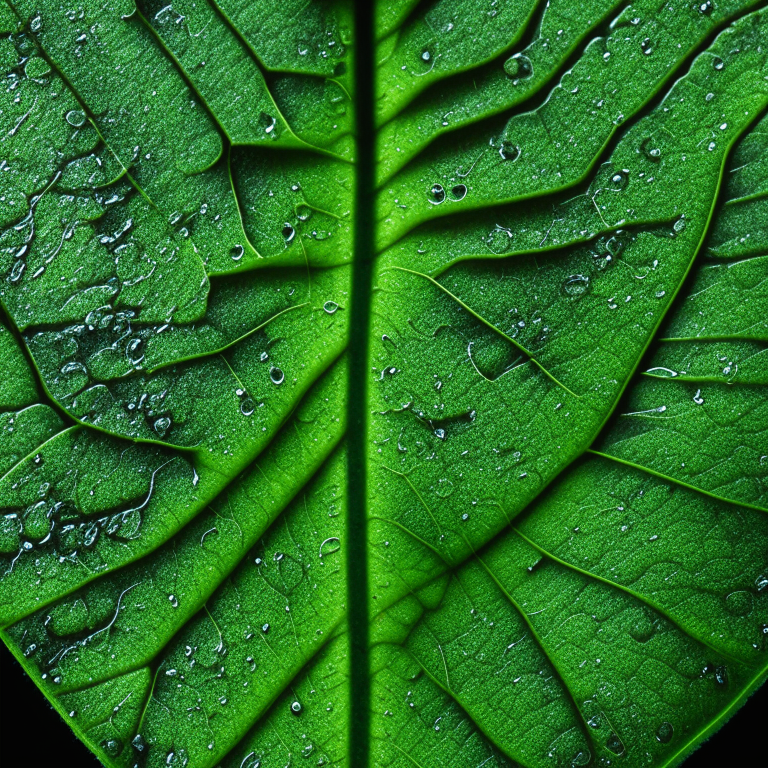 a close-up of a single green leaf, with intricate veins and a dewdrop on its surface