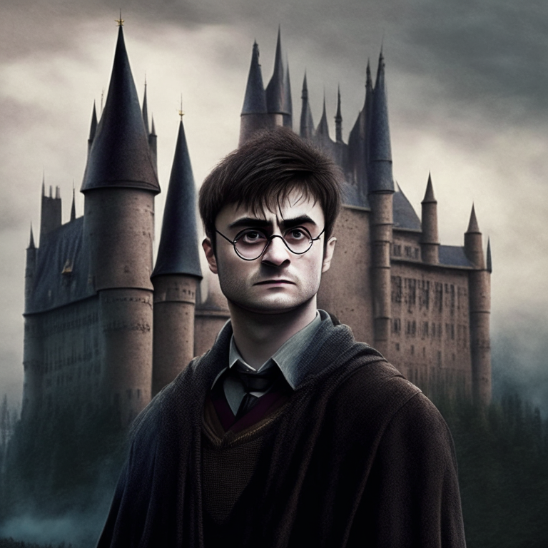 Daniel Radcliffe as Harry Potter standing in front of Hogwarts castle, looking serious and realistic