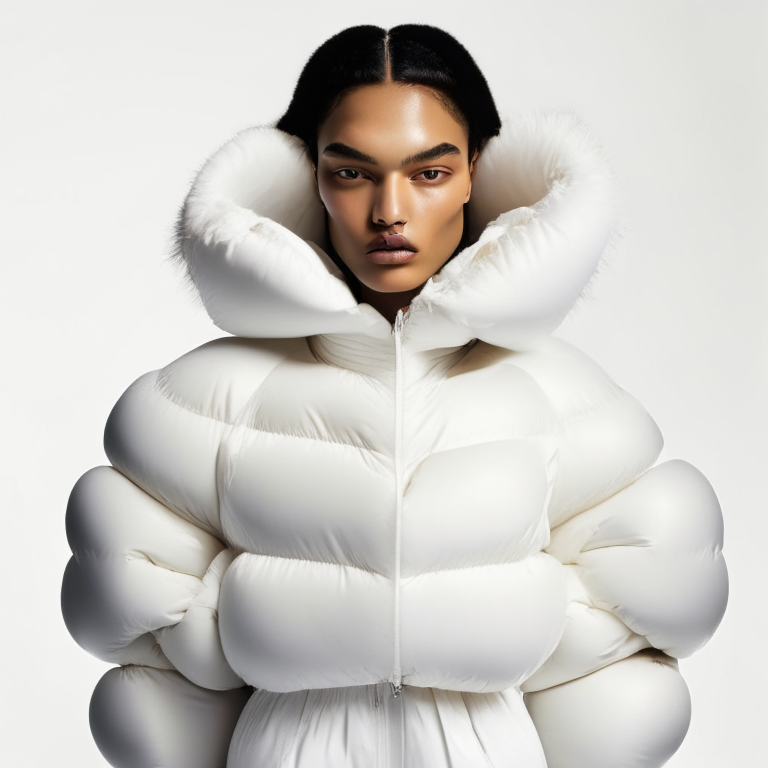 A model wearing an extremely puffy white puffer jacket, posing in front of a white background