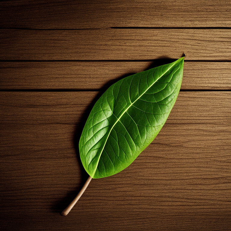 a green leaf with a long stem, lying on a wooden surface